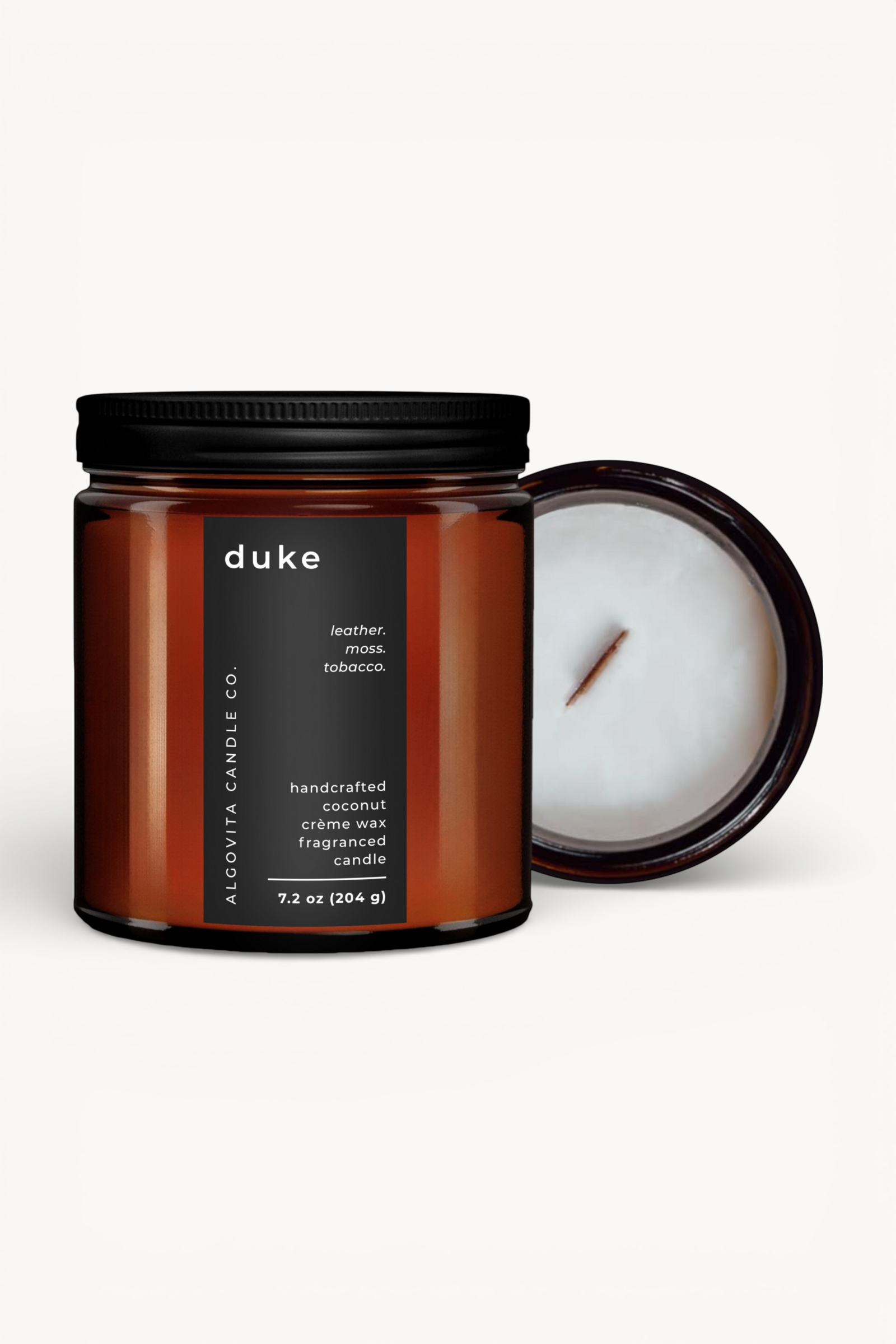 Duke, Coconut Crème Wax Wooden Wick Scented Candle with Leather, Moss, and Tobacco