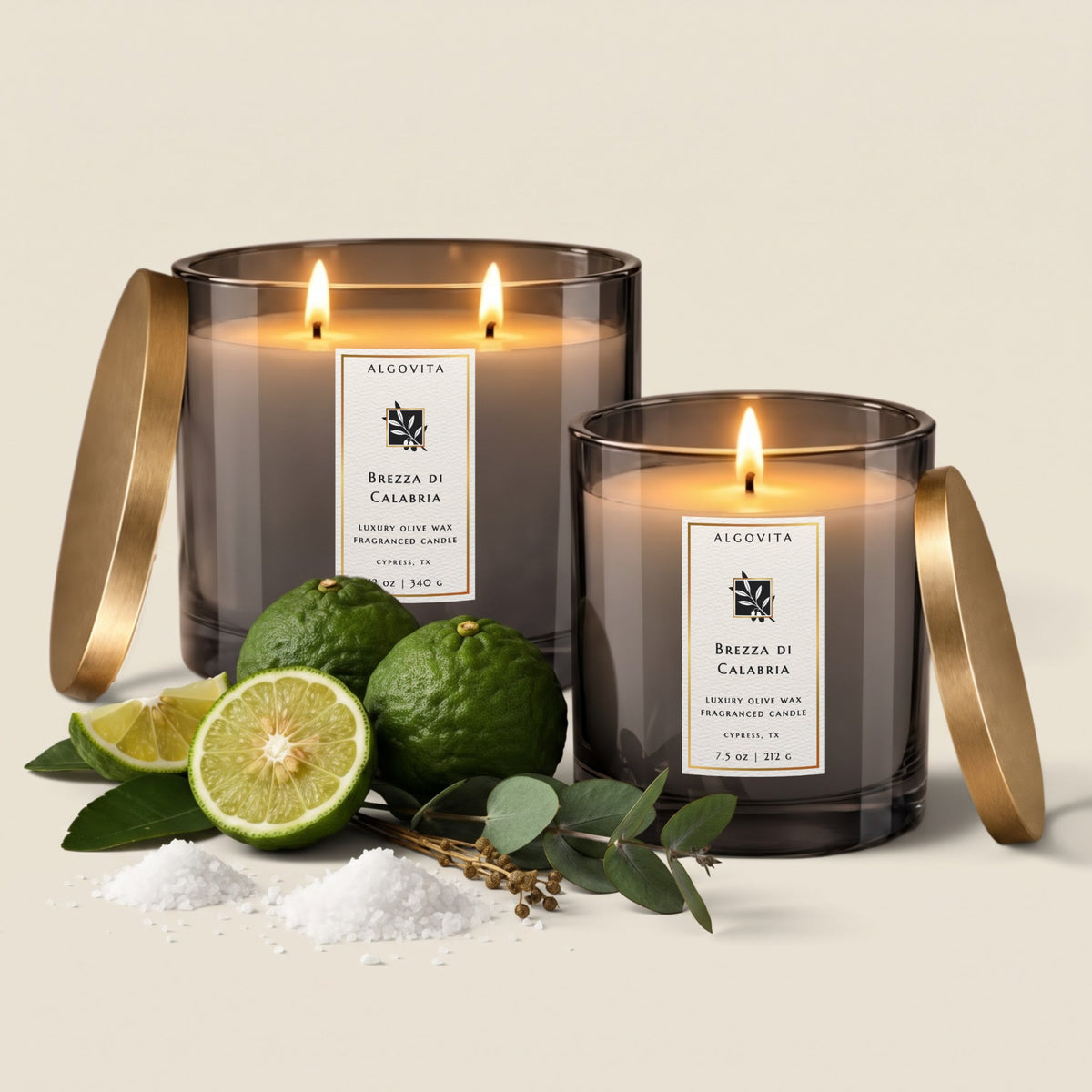 Brezza di Calabria Luxury Olive Wax Fragranced Candle with Calabrian Bergamot, Mediterranean Sea Salt and Eucalyptus
