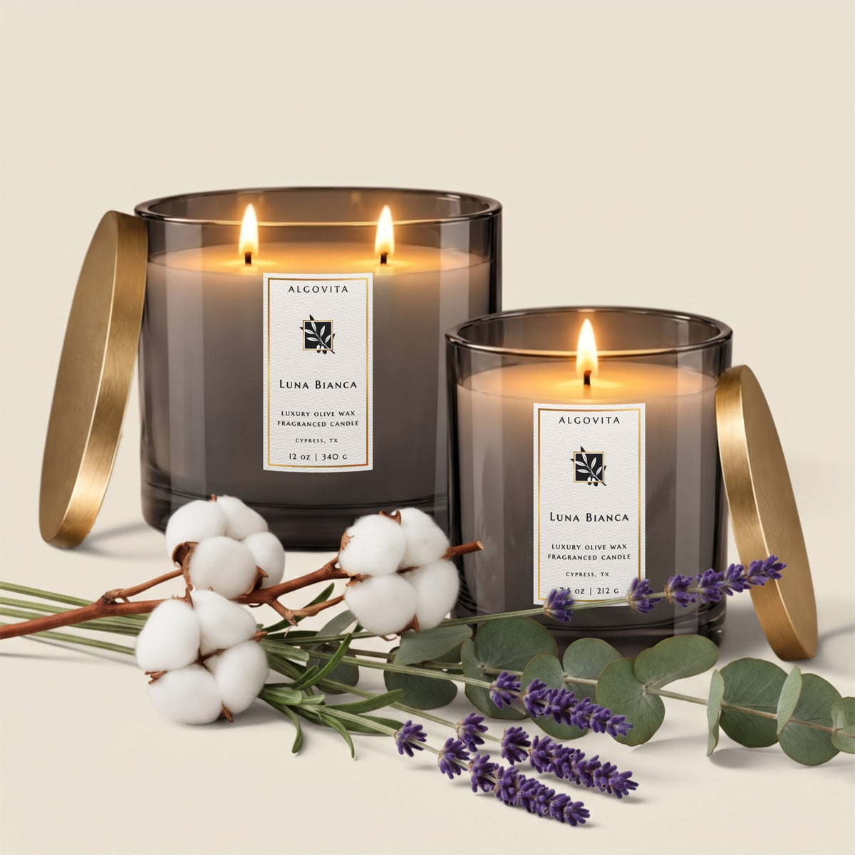 Luna Bianca Luxury Olive Wax Fragranced Candle with Fresh Linen, Black Chamomile and Soft Cotton