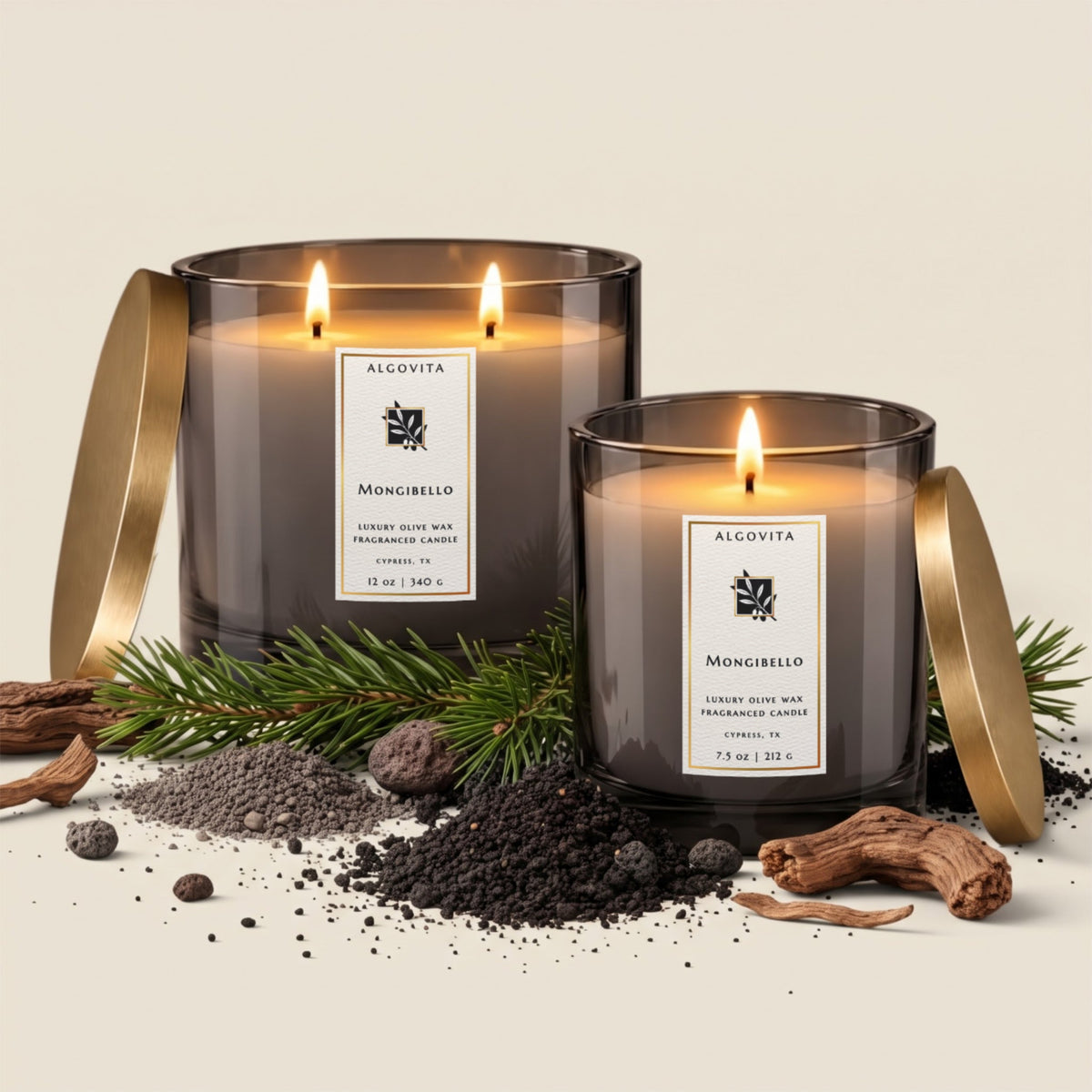 Mongibello Luxury Olive Wax Fragranced Candle with Sicilian Stone Dust, Volcanic soil, Mediterranean Pine, and Aged Oakwoods