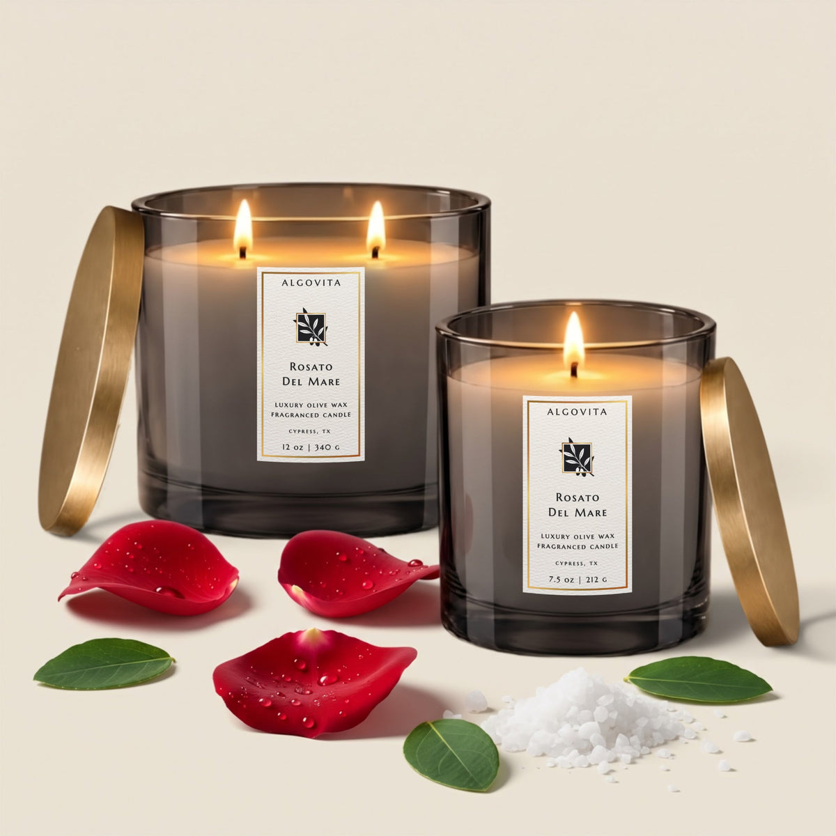 Rosato Del Mare Luxury Olive Wax Fragranced Candle with Bohemian Rose, Patchouli and Sea Salt