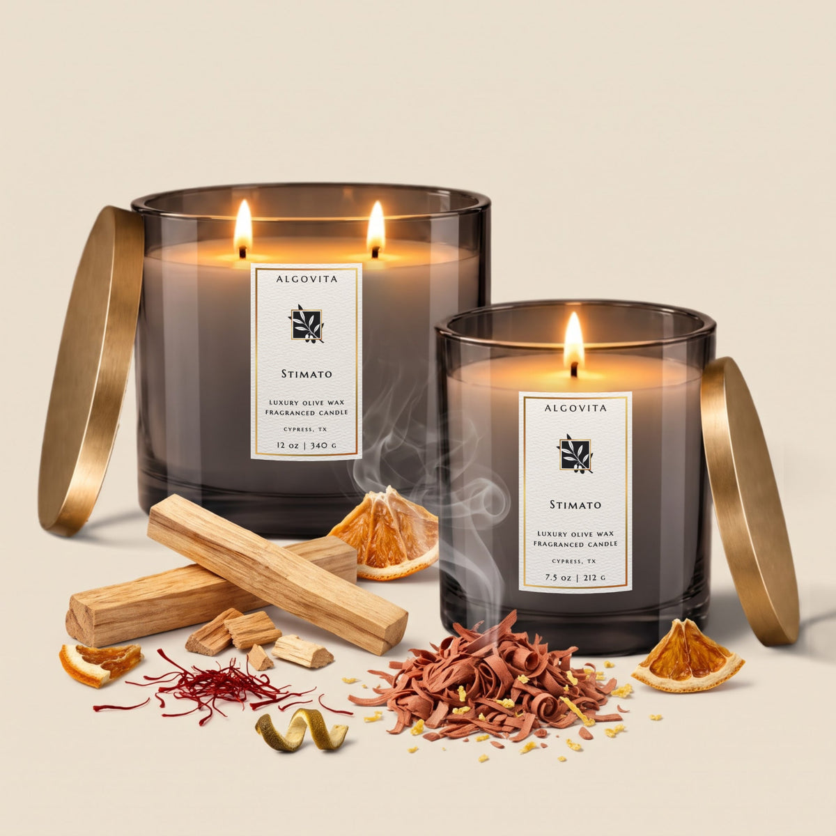Stimato Luxury Olive Wax Fragranced Candle with Palo Santo, Saffron, Cedarwood and Sandalwood